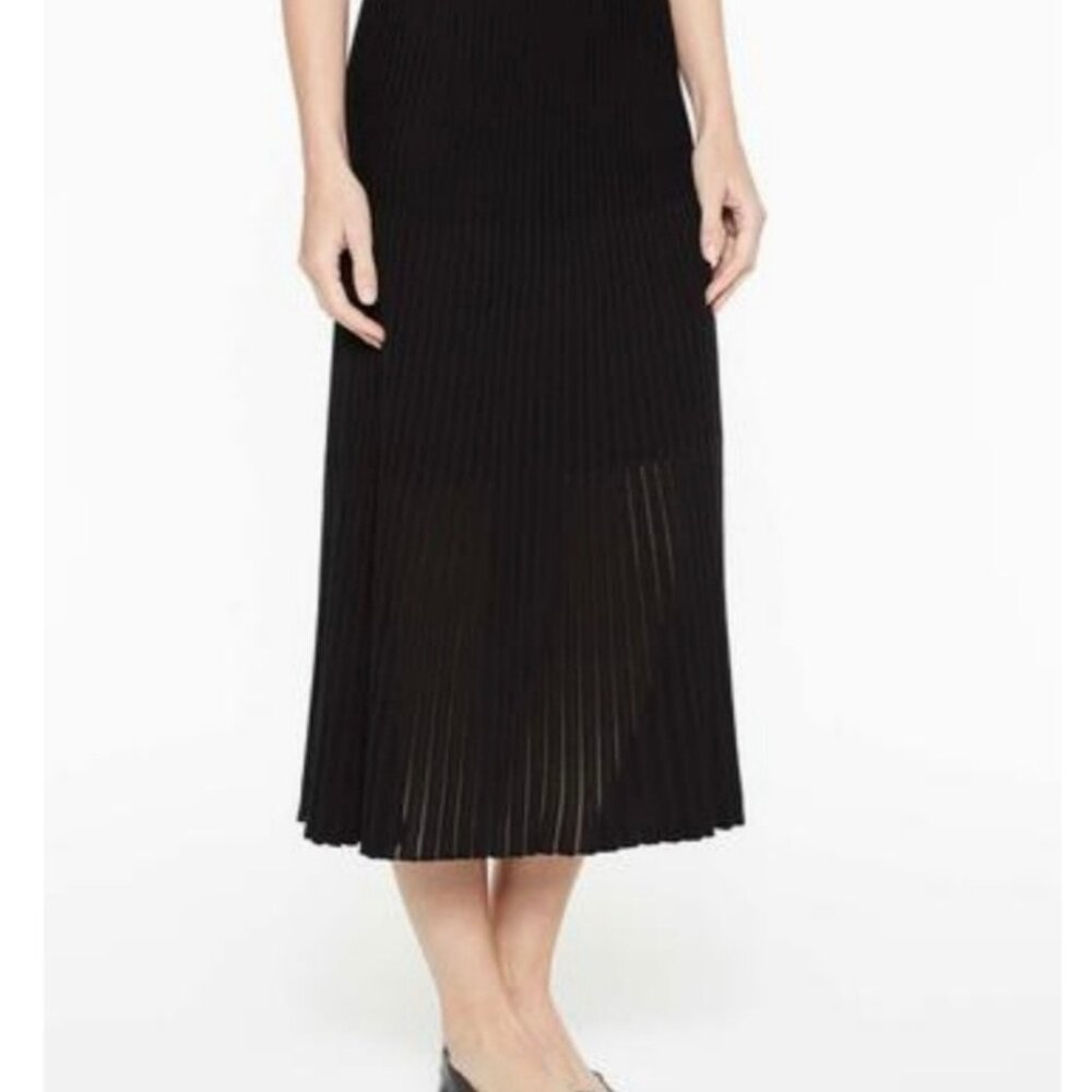 Exclusively Misook L Ribbed Pleated Knit Maxi Skirt Black Drop Waist Stretch
